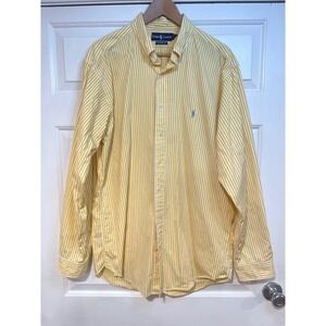 Mens XL 17 1/2 Classic Fit Ralph Lauren Yellow Striped Button Up Shirt Blue Pony